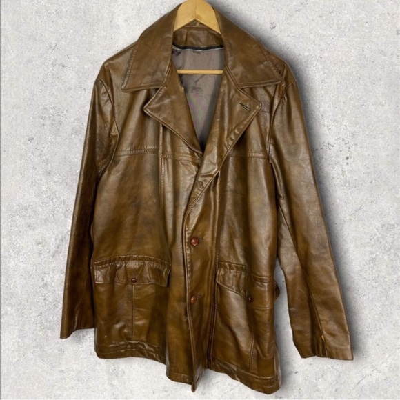 Vintage 100% Leather Long Jacket Caramel Brown Mens XL or XXL Notched Lapel Coat - Picture 2 of 2